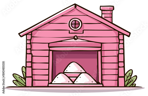Cartoon pink shed with pile of white sand inside and green grass