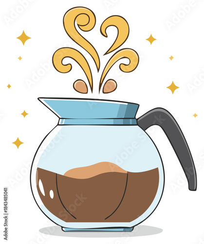 Coffee pot with steam and stars Illustration of freshly brewed coffee