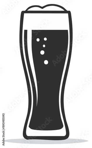 Black and white vector illustration of a tall beer glass with frothy foam and effervescent bubbles