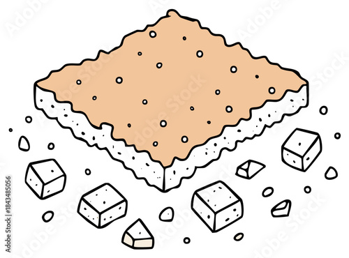 Hand drawn cartoon illustration of a crumbling square cracker snack with broken pieces