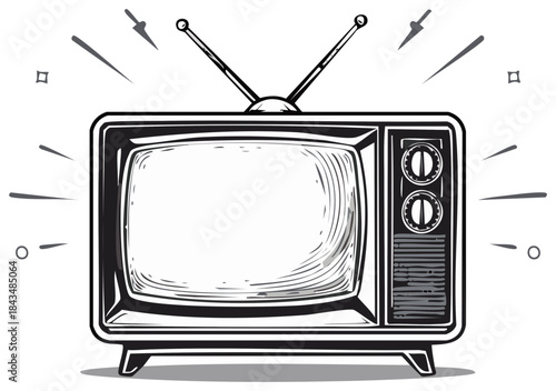 Retro Television Sketch with Antenna Broadcast Signal and Analog Controls