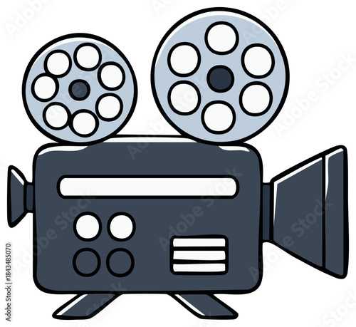 Vintage Film Camera with Reel Cartoon Illustration Movie Production Equipment and Cinema Element