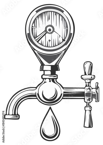 Vintage style beer tap with a wooden barrel pressure gauge and a single drip monochrome vector illustration