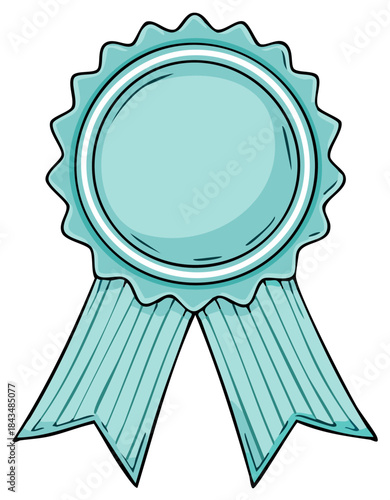 Cartoon illustration of a blue rosette award with ribbons, a badge or symbol of achievement.