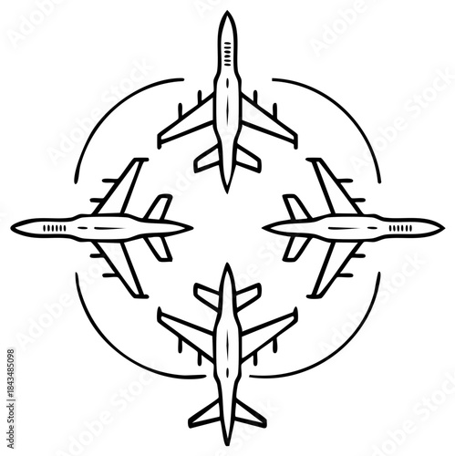 Four jet airplanes flying in a synchronized circular formation line art icon
