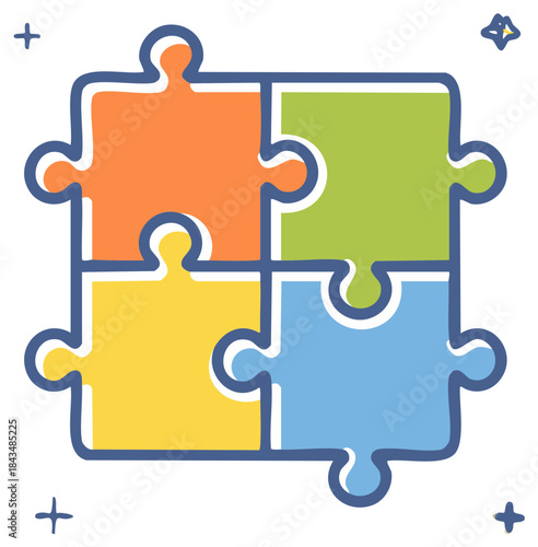 Four Colorful Puzzle Pieces Completing a Square Shape with Hand Drawn Style