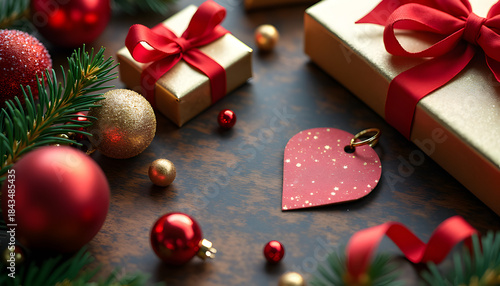 photograph of Christmas ornaments, ribbons, gift tags