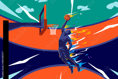 Basketball Player, Basketball Player Slam Dunk Action Vector Illustration
