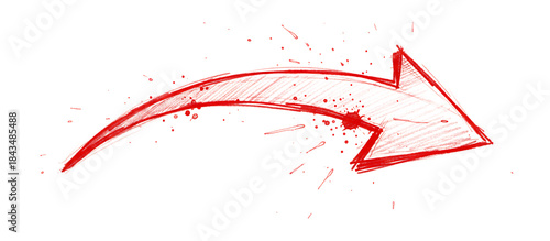 力強い赤インクで描かれた手描き矢印のラフスケッチ｜背景なし・透過PNG・コピースペース