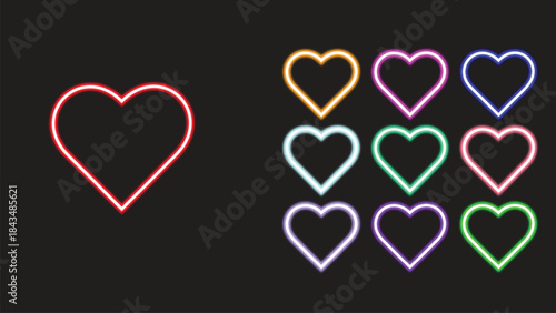 Vibrant Neon Heart Icons Set - Retro Glow Love Symbols on Dark Background