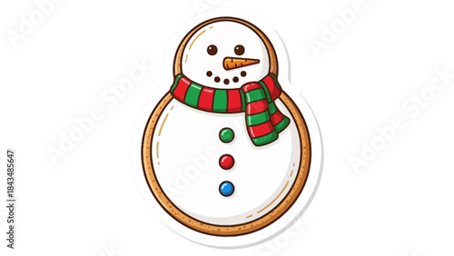 Cute vector illustration of a festive snowman gingerbread cookie with a red and green striped scarf, carrot nose, and colorful buttons, isolated on a white background.