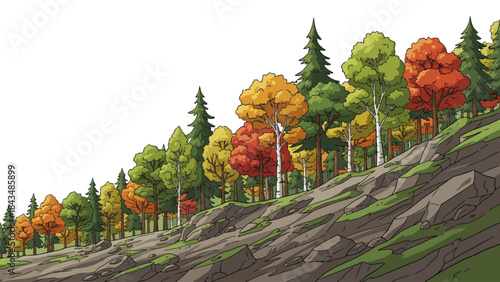 mountain forest with sloped terrain, mixed tree species, rocky ground, and dramatic elevation changes forming a dynamic highland woodland landscape empty white isolated sky for banner