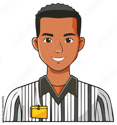 Happy Black male sports official cartoon character with striped uniform and nametag