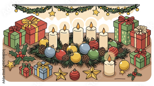 Festive Christmas advent decoration with six lit candles, various gift boxes, colorful ornaments, pinecones, and holly arranged on a warm tabletop background, vector illustration