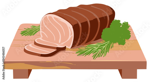 Roasted Meatloaf Slices on Wooden Cutting Board with Herbs Garnish Vector Illustration