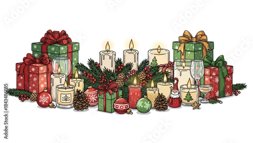 Colorful vector illustration of Christmas gifts, lit candles, festive ornaments, and pine branches arranged for holiday celebration on a white background.
