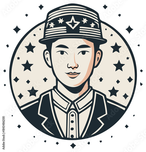 Elegant illustration of a young person in a decorated hat and formal suit jacket against a circular background with sparkling stars