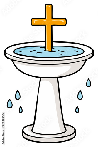 Cartoon Baptismal Font Filled with Water and a Golden Cross for Church Religious Ceremony