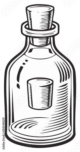 Vintage woodcut illustration of a glass bottle with cork stopper and internal cylindrical container