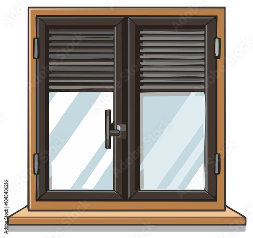 Hand drawn illustration of a modern house window with dark frame louvered blinds and a wood windowsill