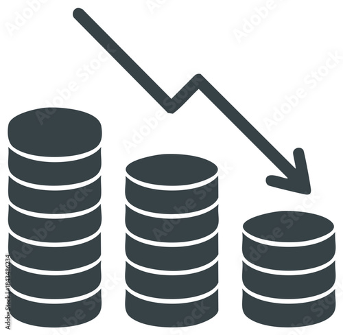Coin Stack Decrease with Arrow Falling Indicating Economic Decline