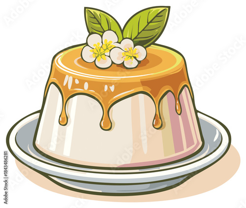Delicious panna cotta pudding with dripping caramel sauce and flowers on a plate illustration