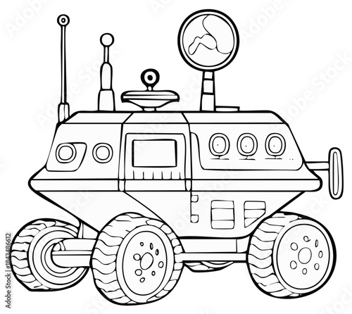 Black and white outline of a cartoon planetary rover for a coloring book