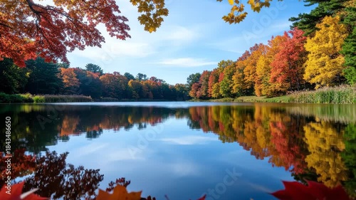 Autumnal Lakeside Scene with Vibrant Foliage and Reflective Water Under a Blue Sky