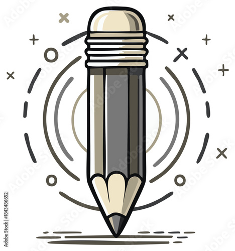 Stylized graphic illustration of a pencil with an eraser and decorative elements