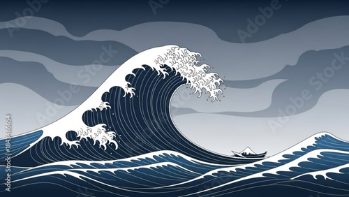 The Great Wave: A powerful and dramatic depiction of a towering wave, inspired by Japanese art, with a small boat navigating the turbulent waters beneath a stormy sky. 