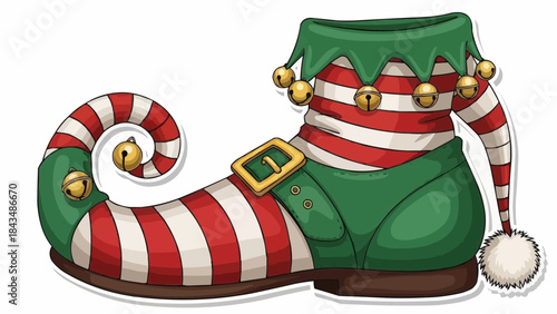 Vibrant Christmas elf boot with striped candy cane design and jingling bells