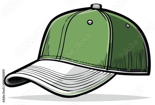Green and white baseball cap, simple drawing, isolated on white
