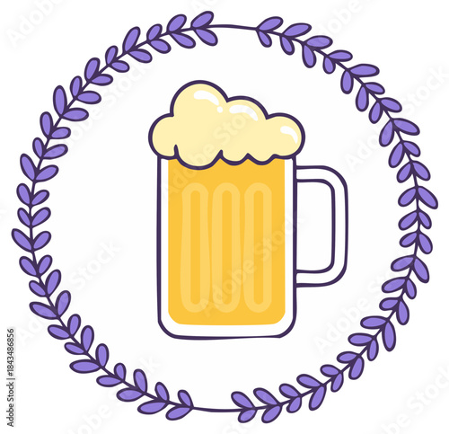 Hand drawn beer mug with frothy foam framed by a whimsical purple leaf wreath doodle illustration