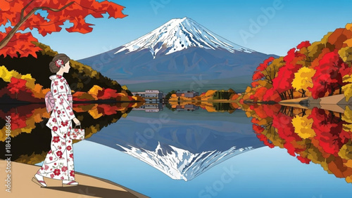 Autumn Serenity: A lone figure in traditional attire strolls beside the tranquil lake, Mount Fuji's majestic form is mirrored in the calm waters, as the vibrant autumn foliage frames the scene.