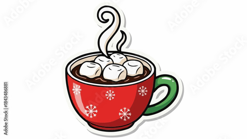 Cozy hot chocolate drink with four marshmallows and steam in a festive red mug adorned with white snowflakes and a green handle, isolated on white. vector