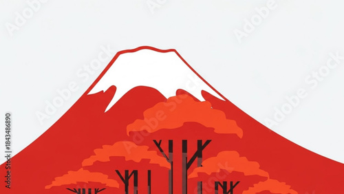 Red Fuji Illustration: An artistic illustration of Mount Fuji in a vivid red hue, complemented by stylized trees, offering a minimalist yet captivating depiction of the iconic landmark.