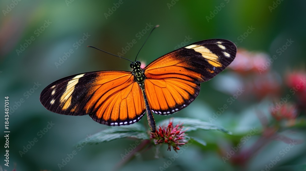 Fototapeta premium Butterfly with orange wings resting on flower in a garden during daytime