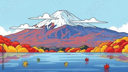 Majestic Mountain Landscape in Autumn: A vibrant painting showcasing a snow-capped mountain overlooking a serene lake surrounded by trees in full autumn color.