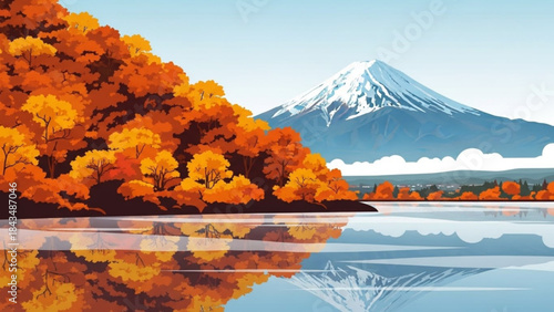 Autumn Landscape with Mountain: A breathtaking autumn scene unfolds with vibrant fall foliage and a majestic mountain reflecting on the calm lake surface under the clear sky. 