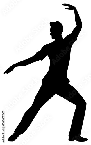 Silhouette of a man dancing gracefully with arms extended and one leg forward