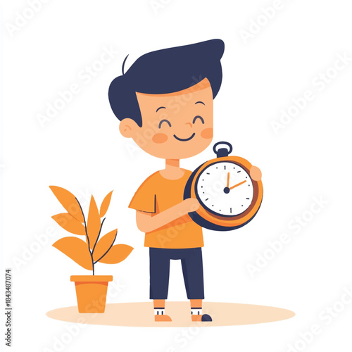 Happy boy holding a large clock symbolizing time management and punctuality