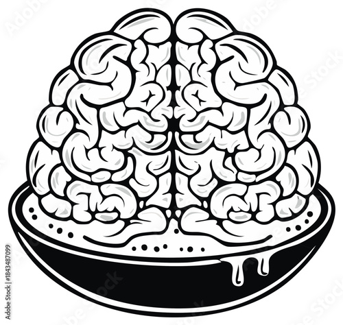 Stylized Human Brain in a Bowl with Dripping Liquid