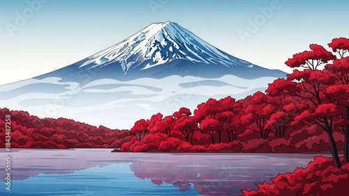 Mount Fuji and Red Leaves: A stunning scene showcasing the iconic Mount Fuji, its snow-capped peak mirrored in the calm waters. The vibrant red leaves add a striking contrast.