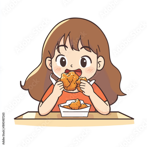 Happy girl enjoys delicious fried chicken a tasty meal