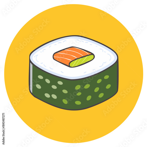 Delightful sushi roll icon with salmon and rice illustration on a bright yellow background