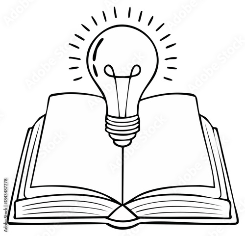 Illuminated light bulb emerges from open book symbolizing creative idea generation and learning