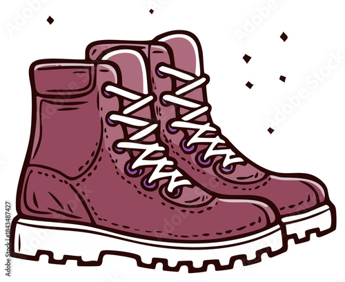 Hand drawn illustration of purple hiking boots with white laces and thick soles