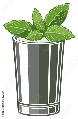 Iced drink illustration with mint leaves garnish in a metal julep cup stylized illustration