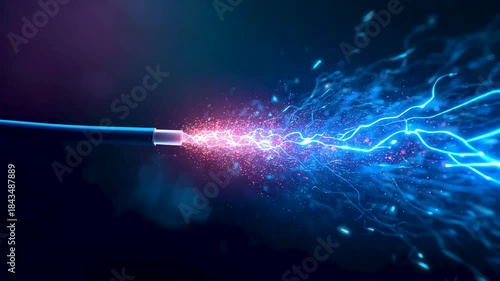 High voltage electric arc bursting from cable end with blue lightning energy on dark background