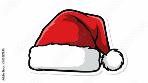 A festive red and white Santa Claus hat, illustrated as a cartoon vector design with a fluffy pom-pom, isolated on a white background